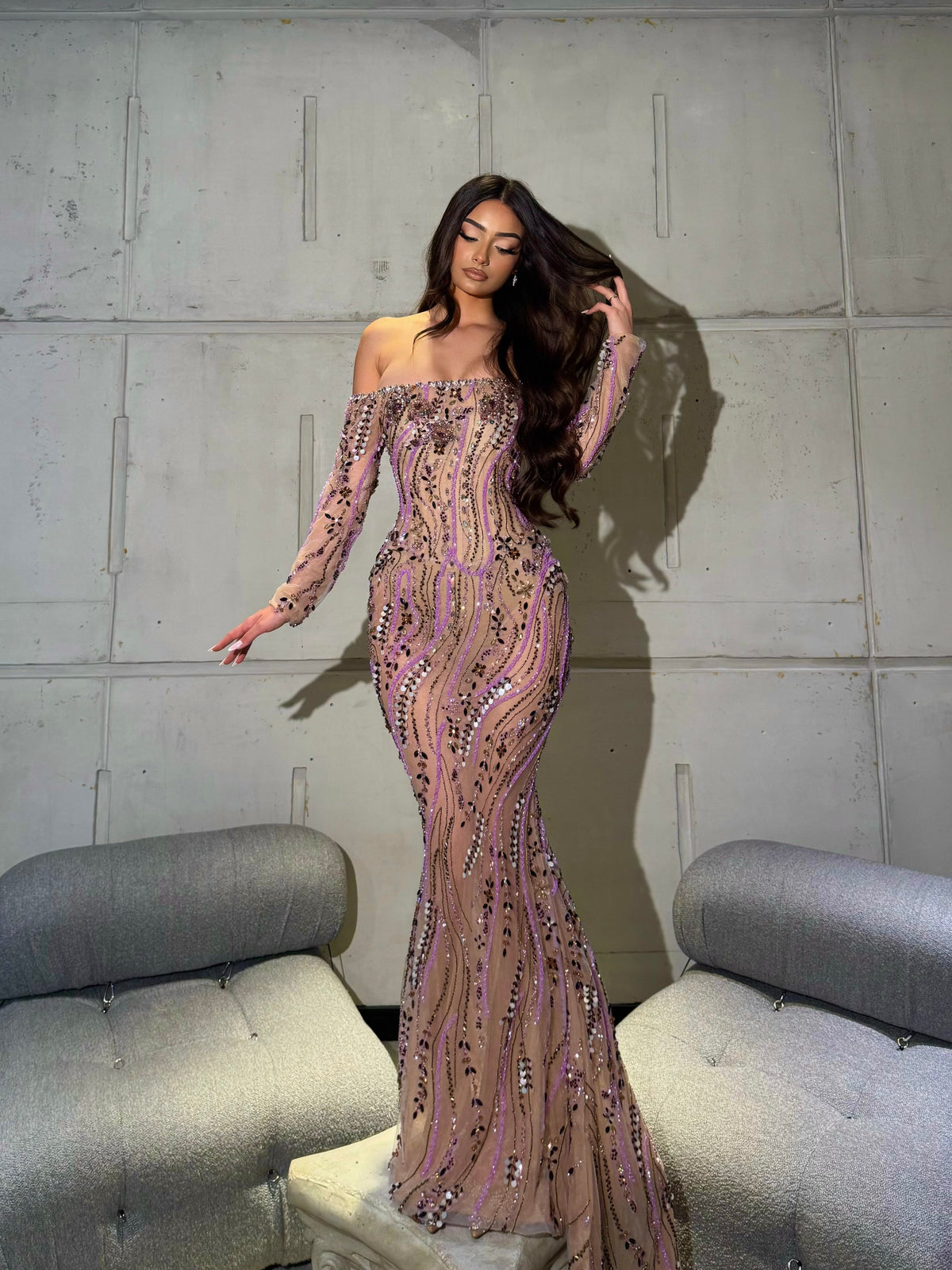 Lyrah – Lavender Sequin Off Shoulder Gown