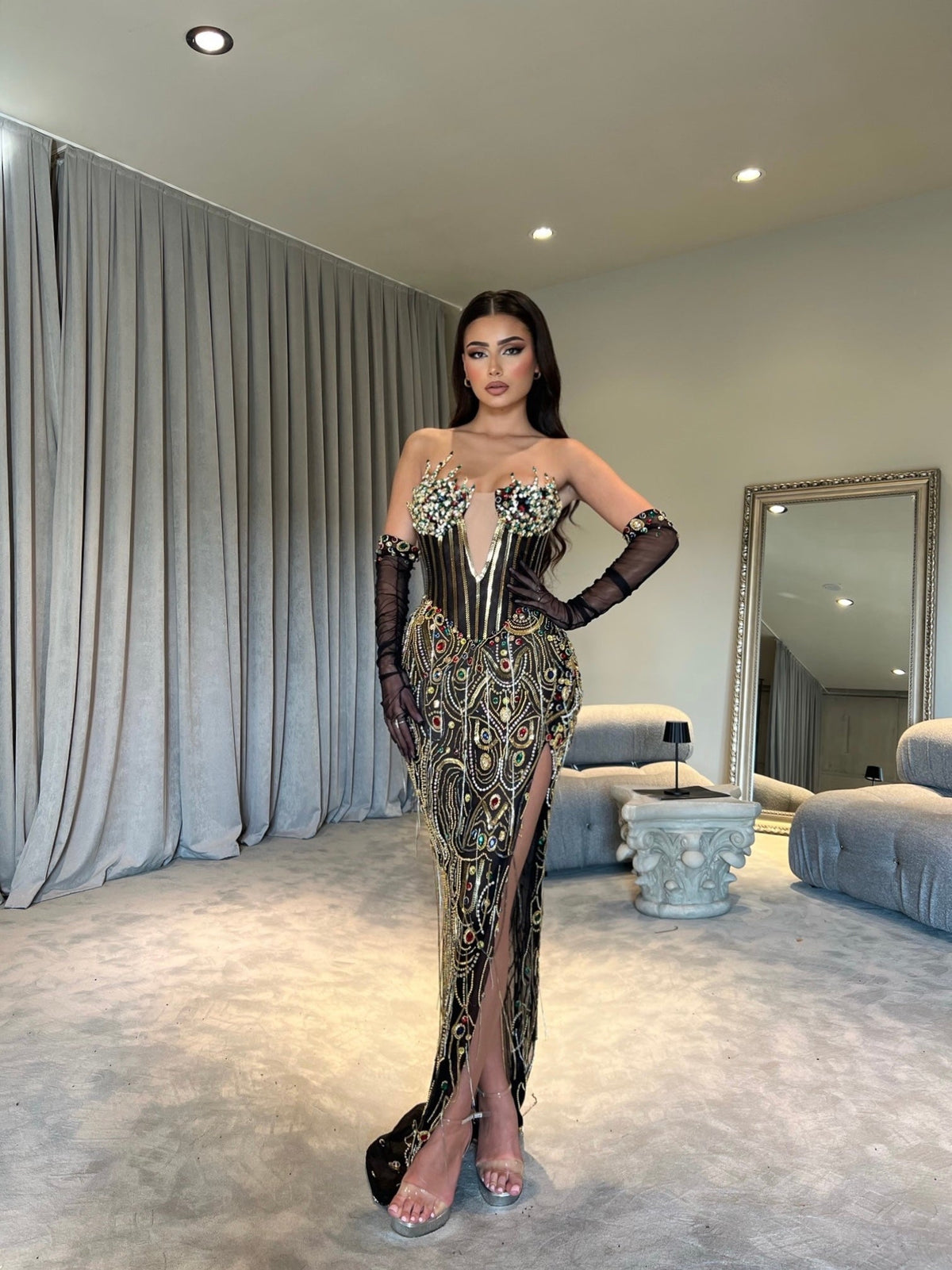 BLACK LONG DRESS WITH GOLD EMBELLISHMENTS