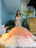 Pearl Embroidered Peach Gown with Layered Tulle Train