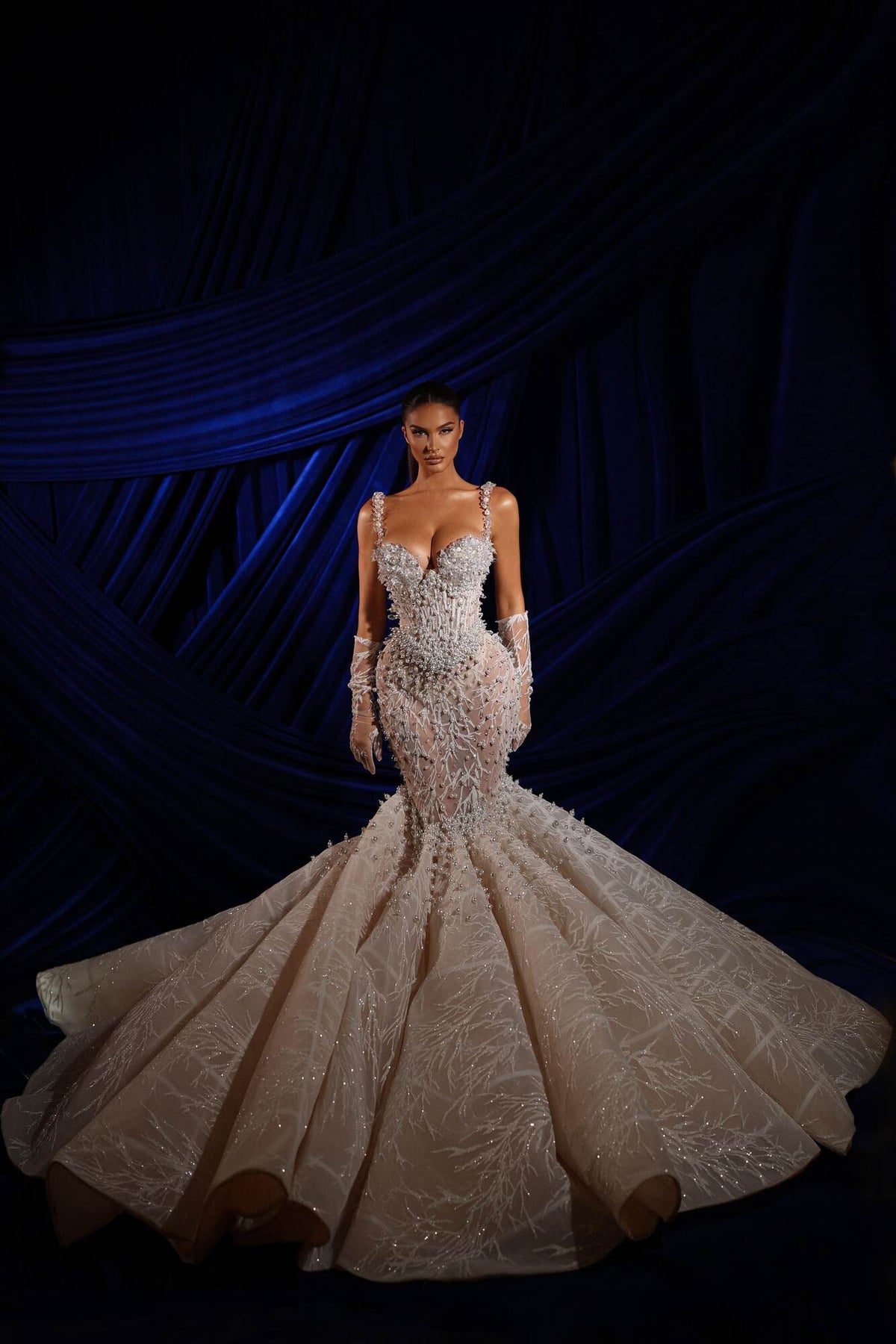 Crystal Straps Pearl Embellished Mermaid Gown with Veil & Gloves