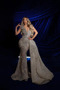 3D Crystals Silver Gown with Detachable Side Train