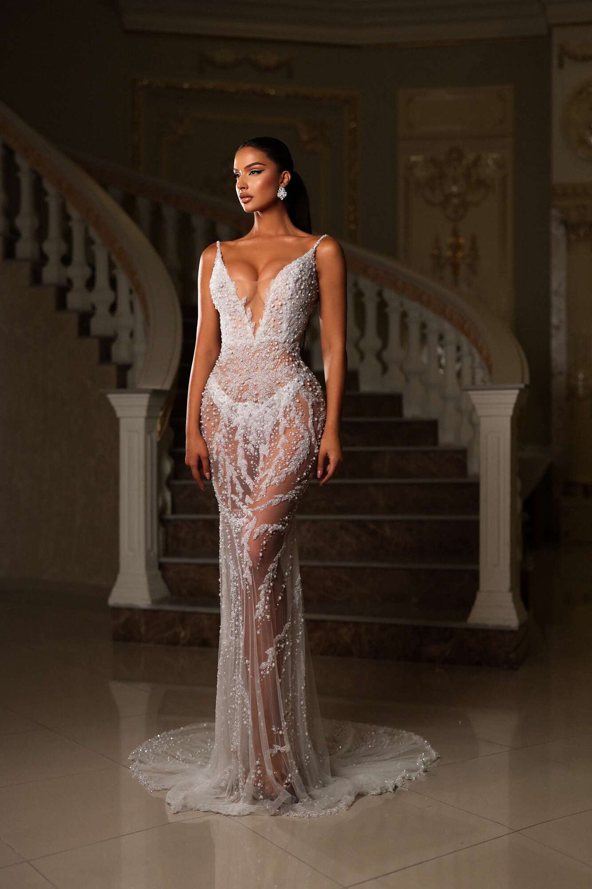 Embellished Lace Dress with Plunge Neckline