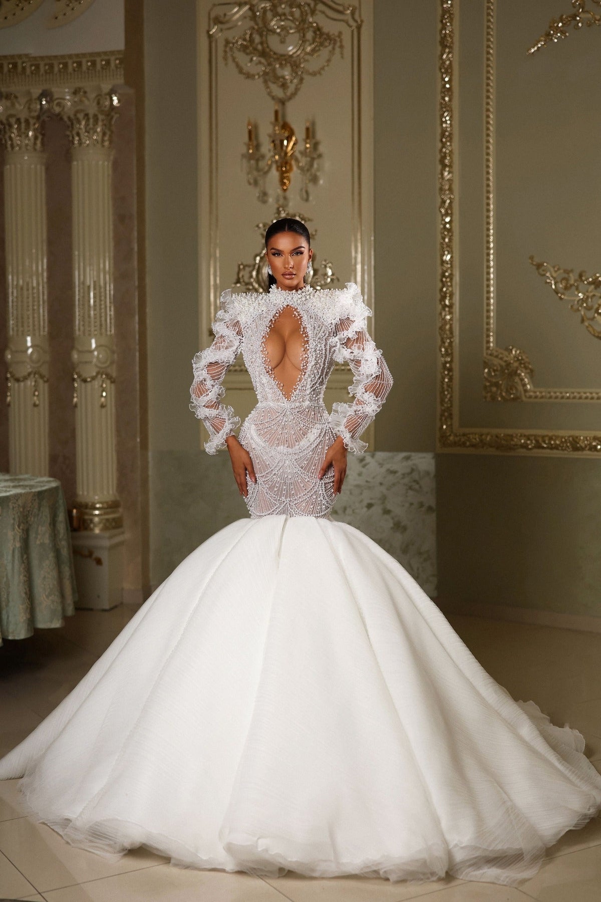 Pearl Embroidered Mermaid Gown with Open Chest & Back