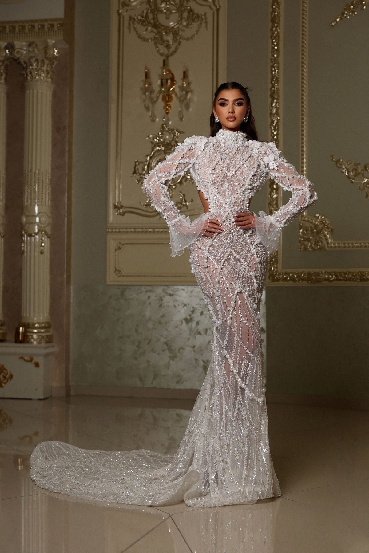 High Neck Pearl Embellished Gown with Open Back