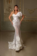 One Shoulder Tulle Detail Pearl Embroidered Dress