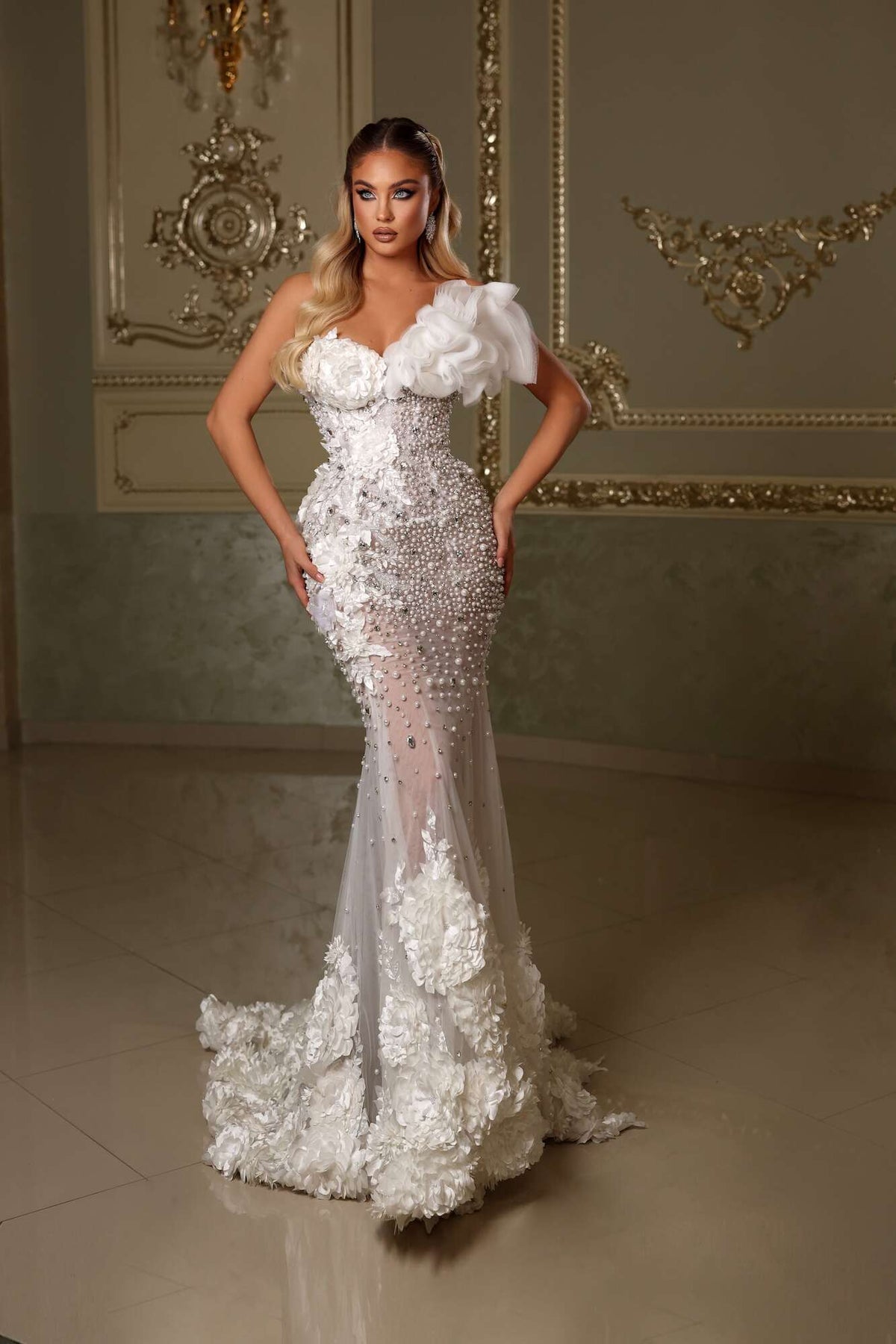 One Shoulder Tulle Detail Pearl Embroidered Dress