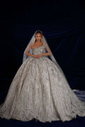 Embellished Bridal Ball Gown with Asymmetrical Neckline & Veil