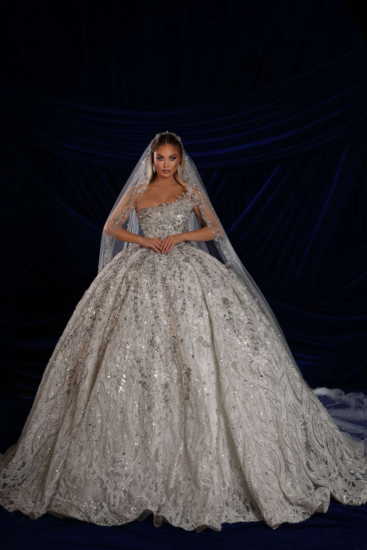 Embellished Bridal Ball Gown with Asymmetrical Neckline & Veil