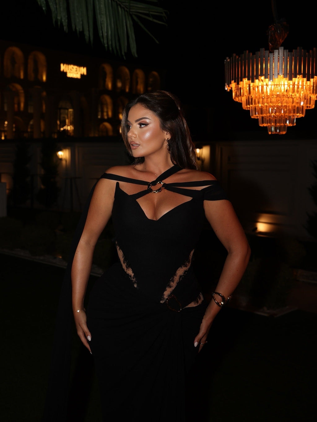 Adira – Black Cut-Out Evening Gown with Cape Detail