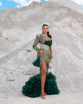 One Sleeve Green Embellished Dress with Tulle Train