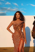 Strapless Orange Sequin Dress with Side Slit