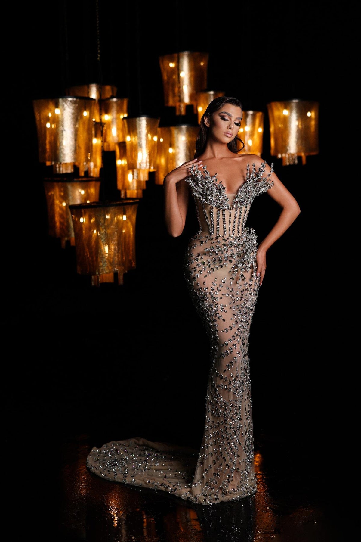 Silver Rhinestone Long Dress with Boning Corset