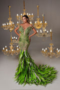 Strapless Green Embellished Feathered Dress
