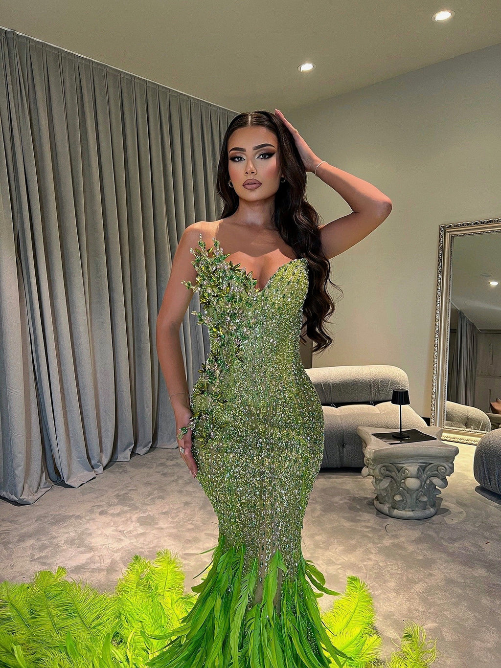 Lime Green Mermaid Feathered Dress