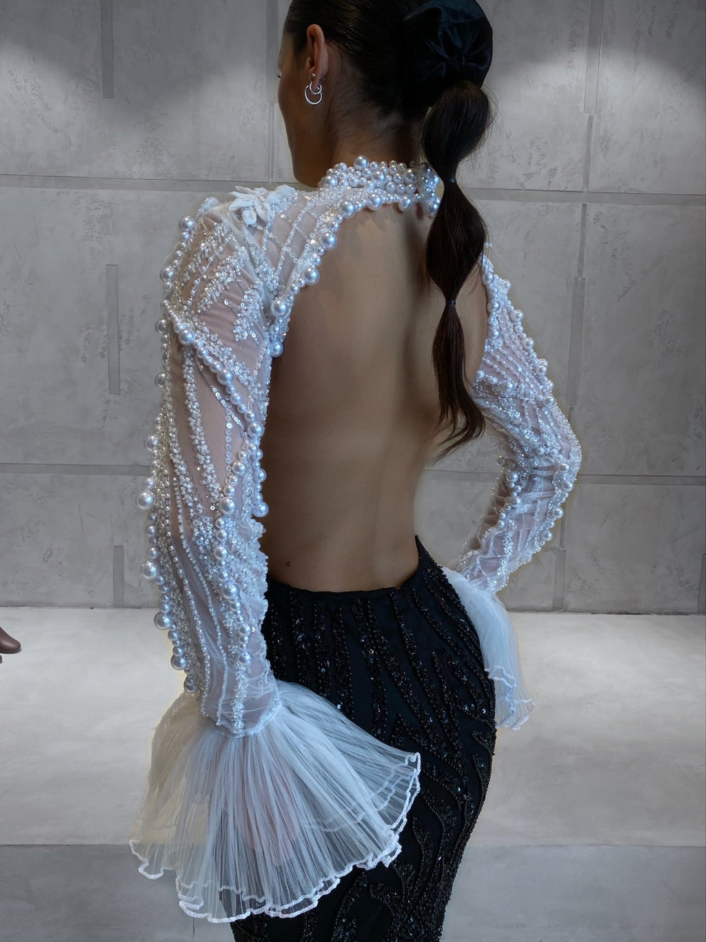 BLACK & WHITE PEARL EMBELLISHED DRESS WITH OPEN BACK