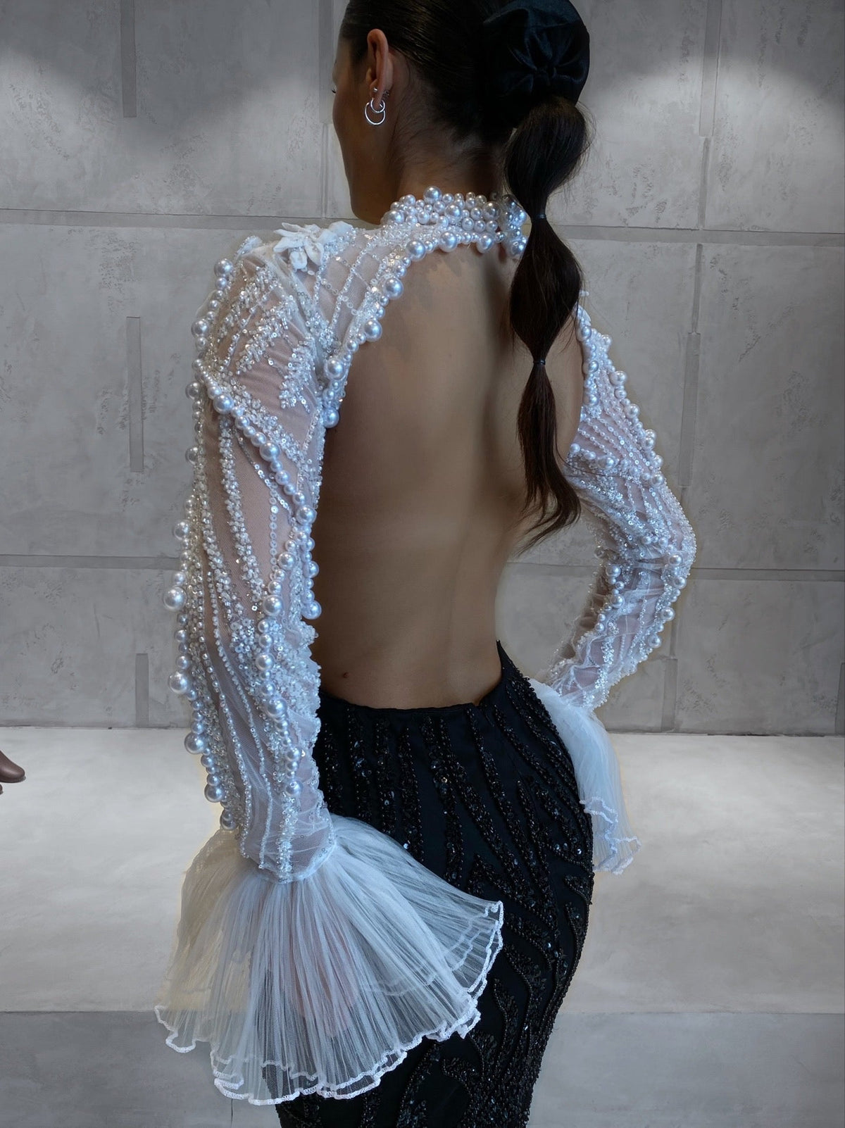 BLACK & WHITE PEARL EMBELLISHED DRESS WITH OPEN BACK