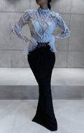 BLACK & WHITE PEARL EMBELLISHED DRESS WITH OPEN BACK