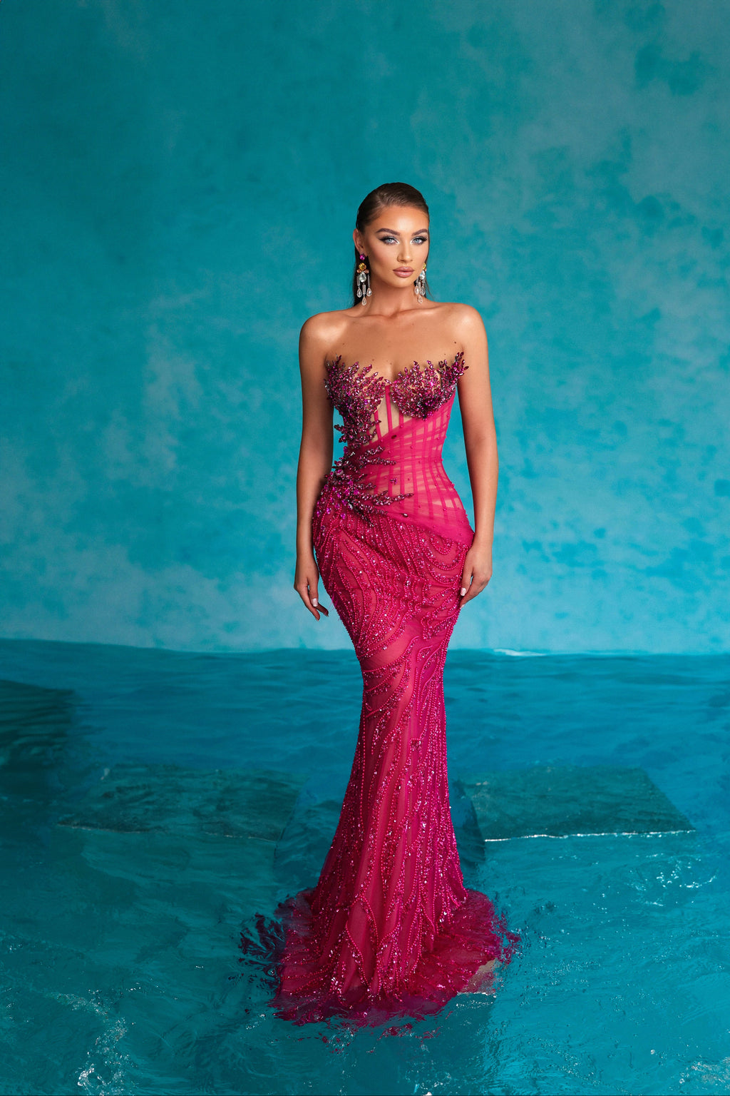 Strapless Fuchsia Beaded Dress with Rhinestones