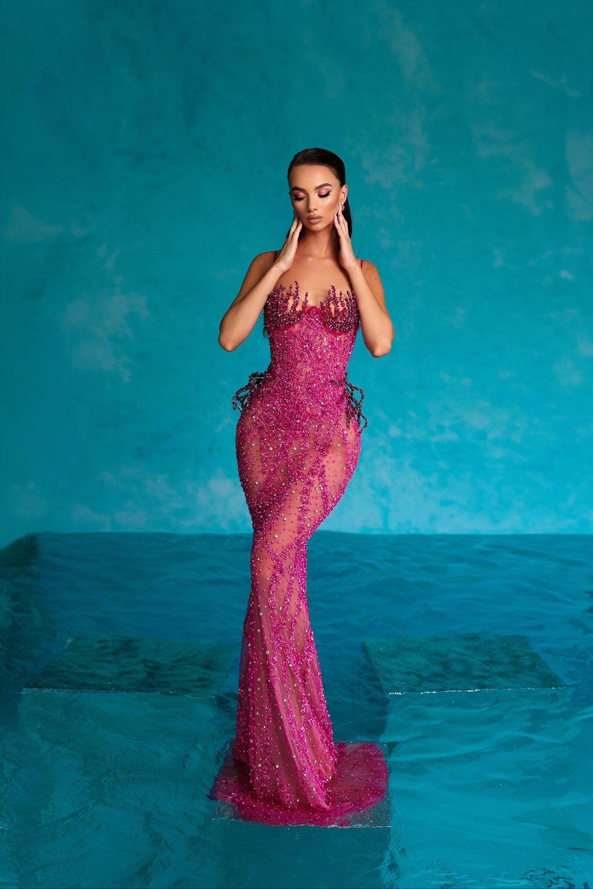 Fuchsia Beaded Dress with Rhinestones Bralette