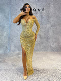 One Shoulder Gold Embellished Dress with Side Slit