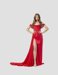 Red Satin Long Dress with Side Slit