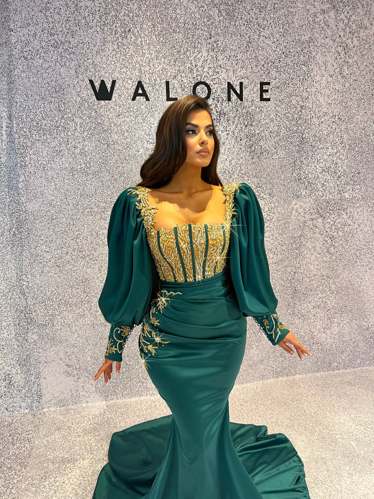 Mermaid Emerald Green Dress with Gold Embroidered Corset