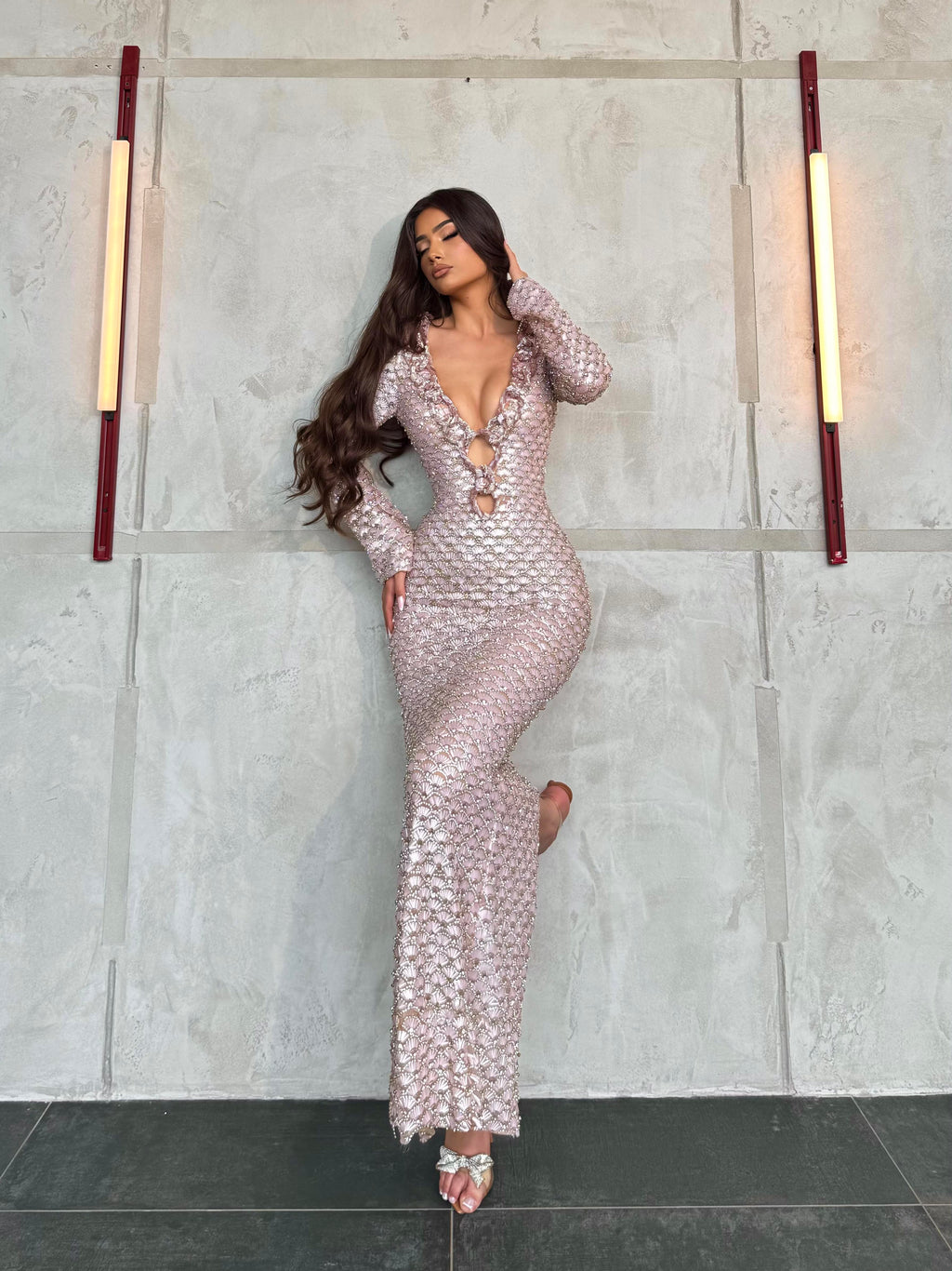 Marisela – Crystal Cut‑Out Long Sleeve Gown