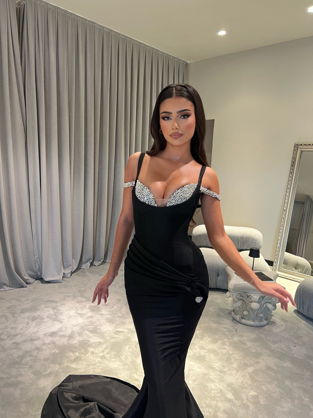 Mermaid Black Dress with Rhinestone Bustier