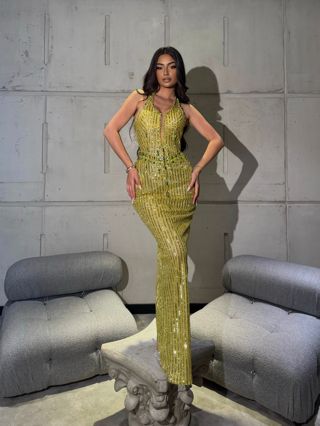 Adonya – Golden Halter Sequin Mermaid Dress