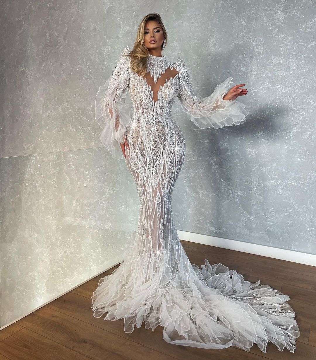 Long Embroidered White  Wedding Dress