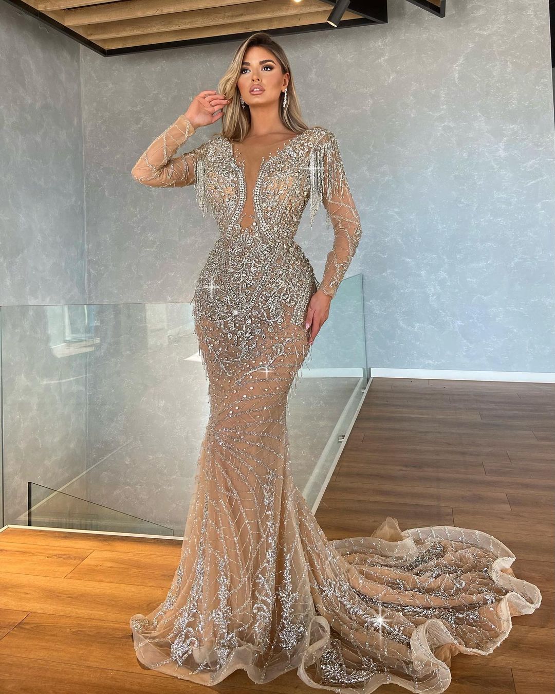 Long Sleeve Silver Embellished Evening Gown