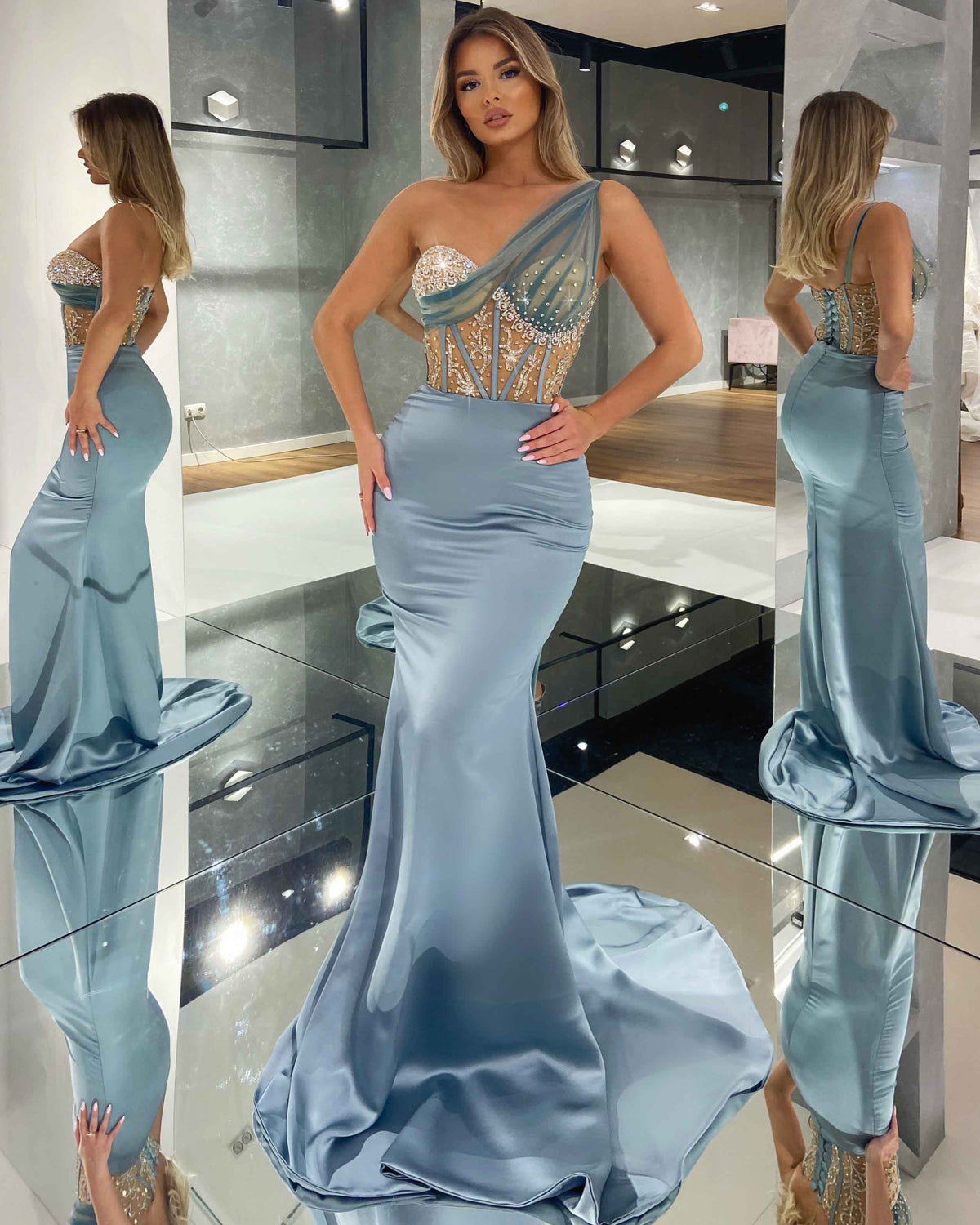 One Shoulder Bluish Grey Dress