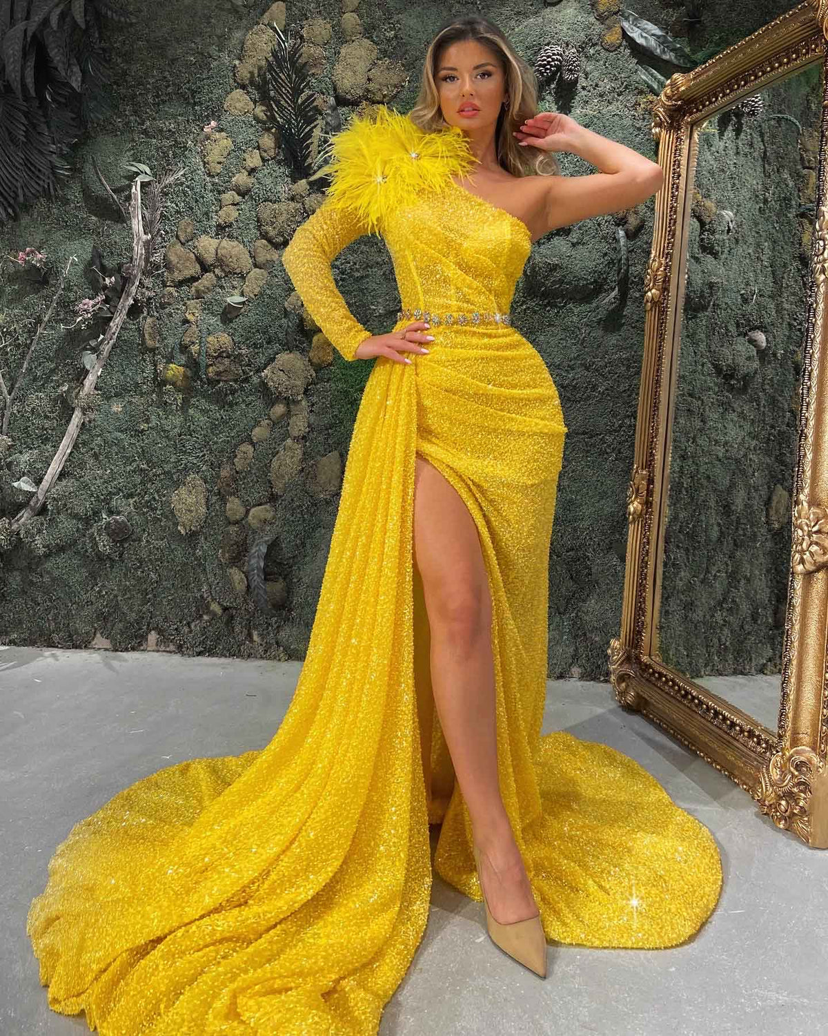 One Sleeve Side Cut Yellow Dress