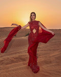 Red Sleeveless Embroidered Evening Gown