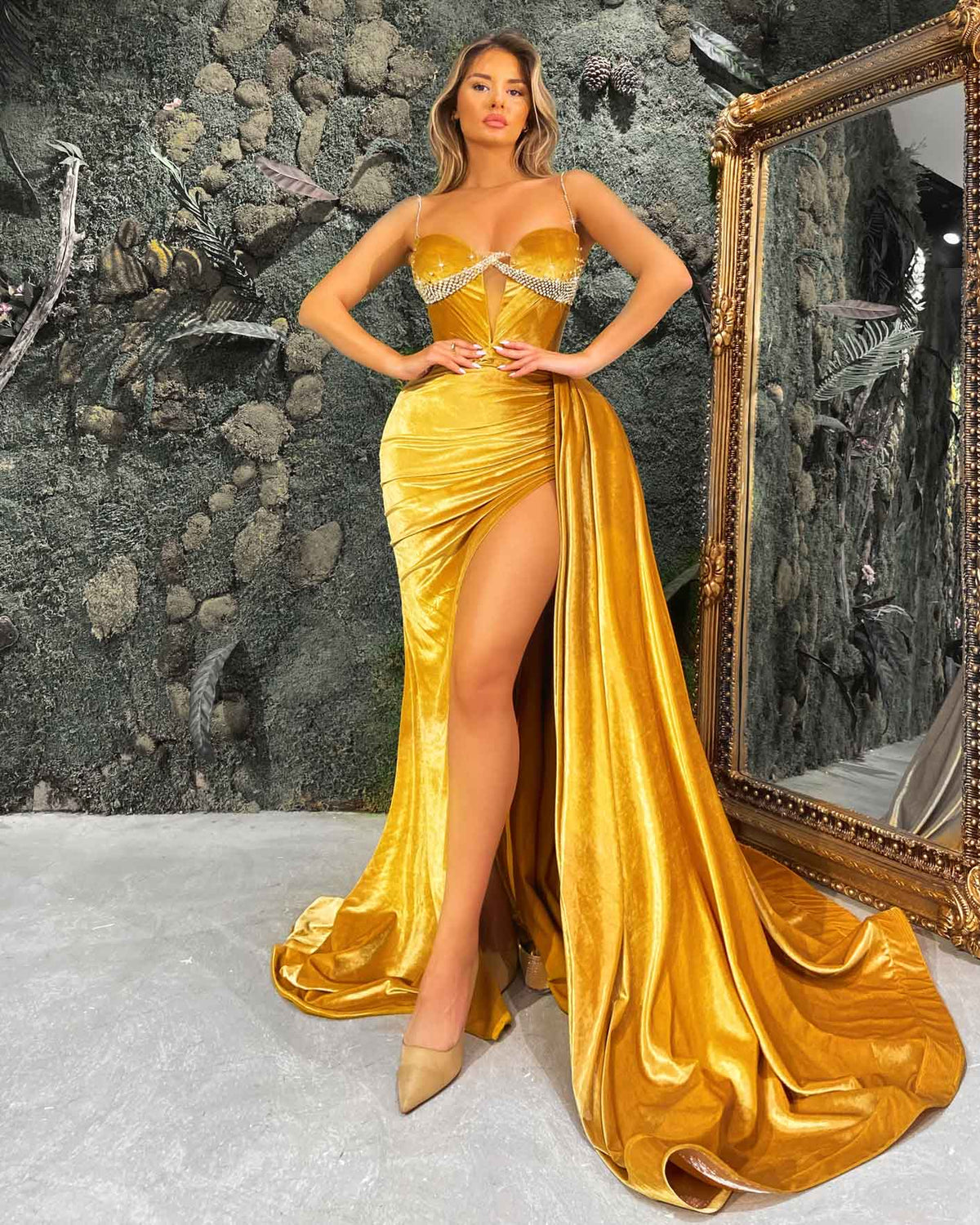 Scoop Neckline Long Velvet Dress
