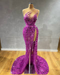 Strapless Embellished Purple Gown with Side Slit