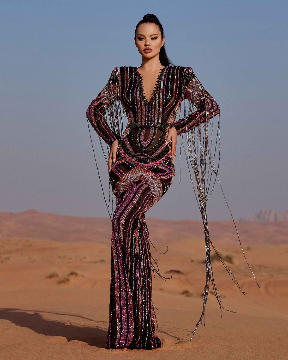 V-Neckline Fringe Evening Gown