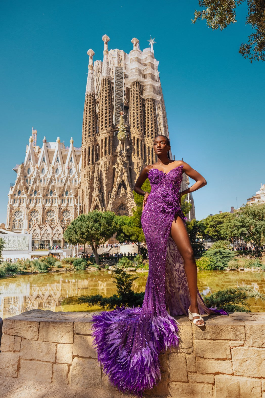 Strapless Embellished Purple Dress with Side Slit