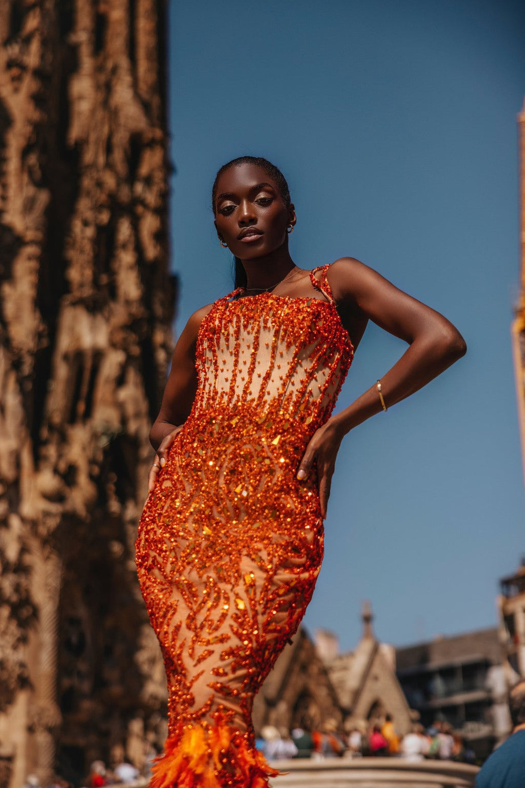 Orange Adorned Dress with Feathered Cape