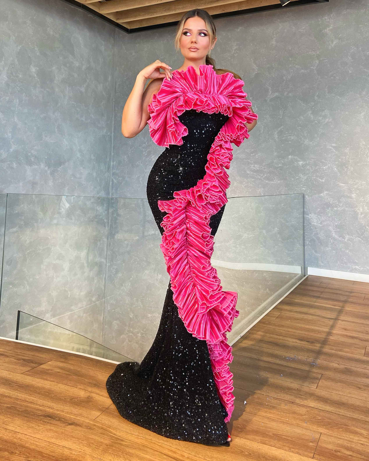 Maxi Black Dress With Pink Ruffle