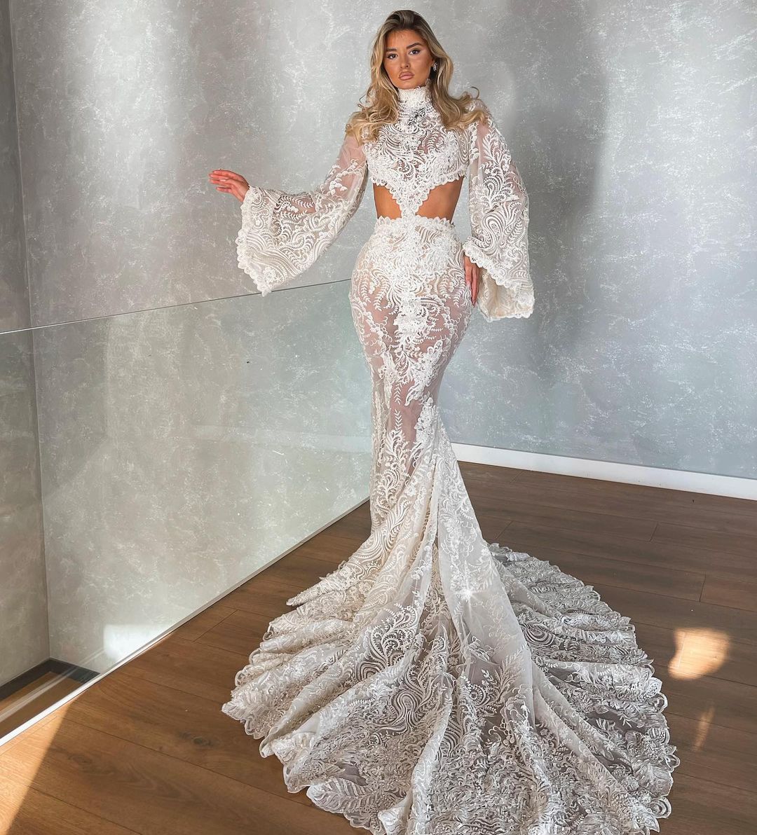 Side Cut Out Mermaid Gown with Kimono Sleeves