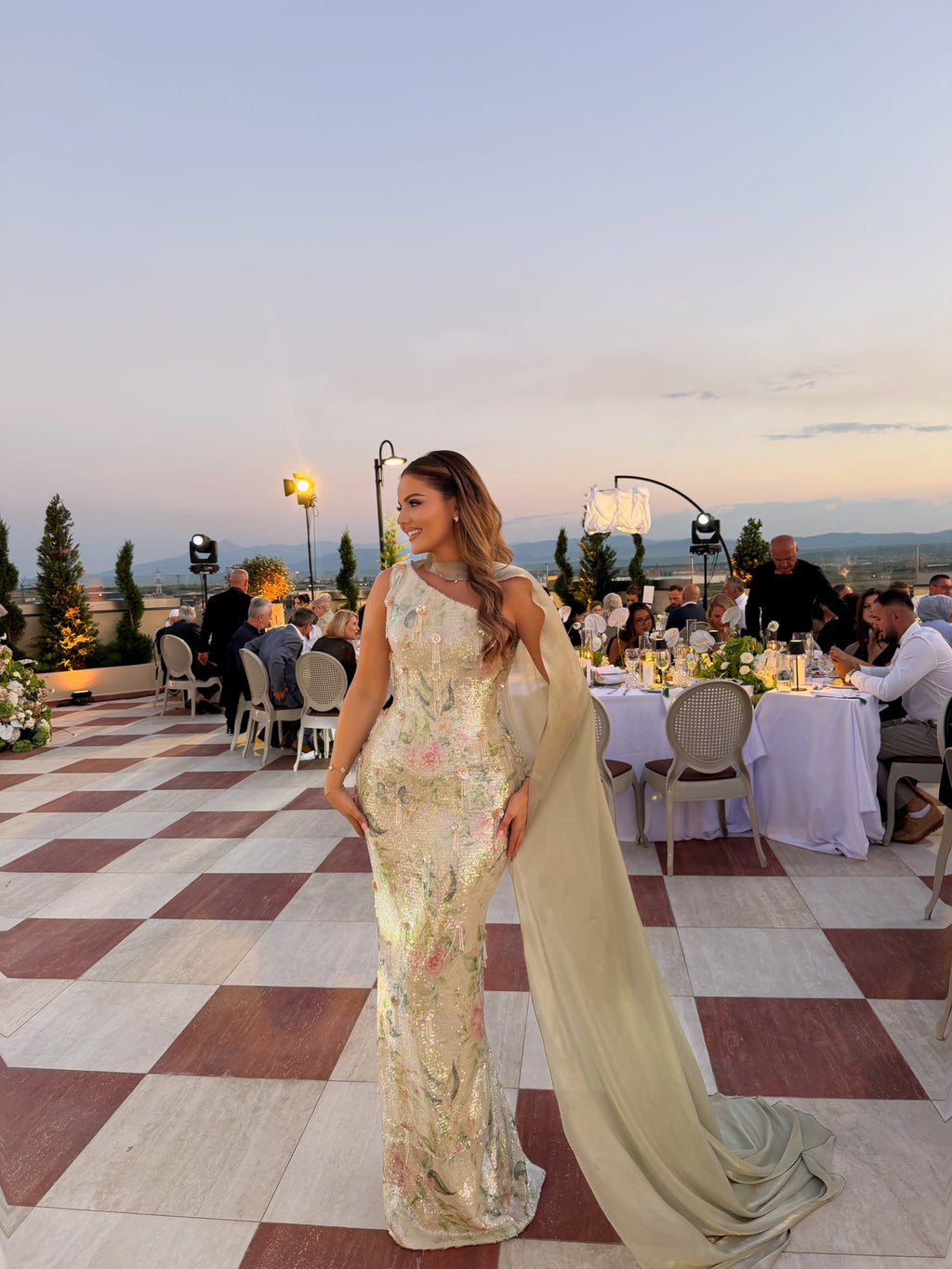 Ajla - Embellished One Shoulder Cape Gown