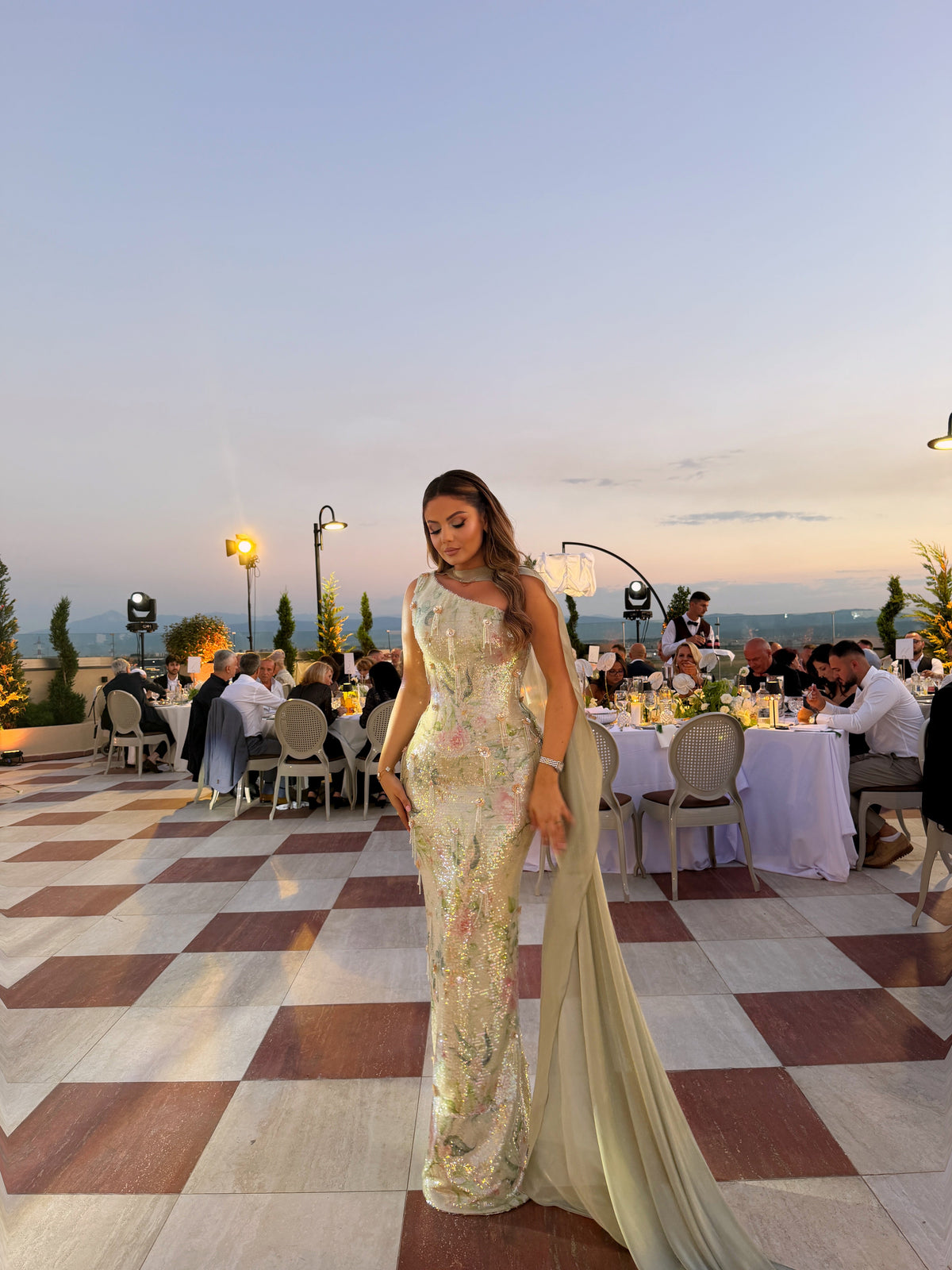 Ajla - Embellished One Shoulder Cape Gown