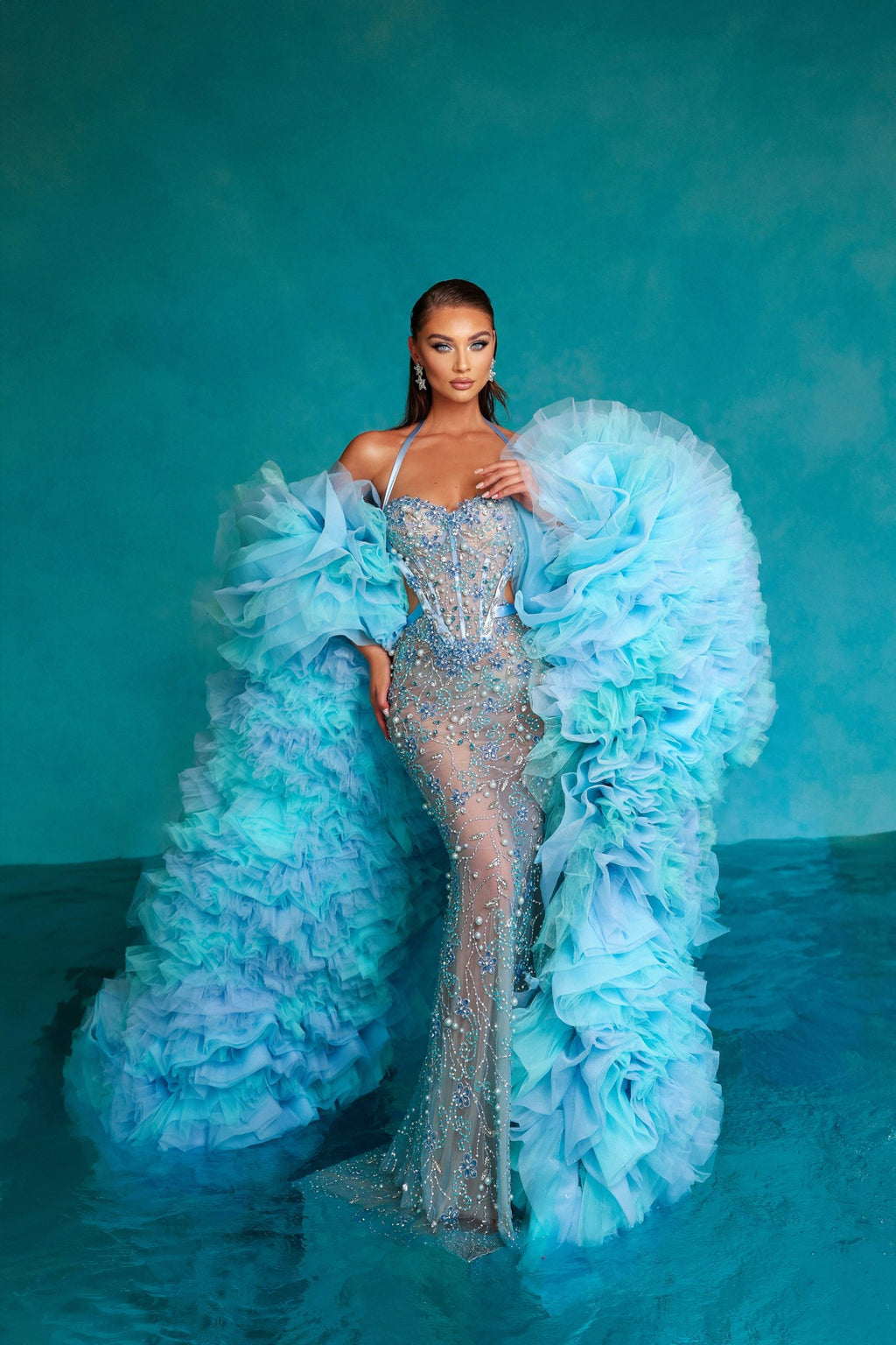 Aqua Floral Embroidered Gown with Layered Tulle Cape