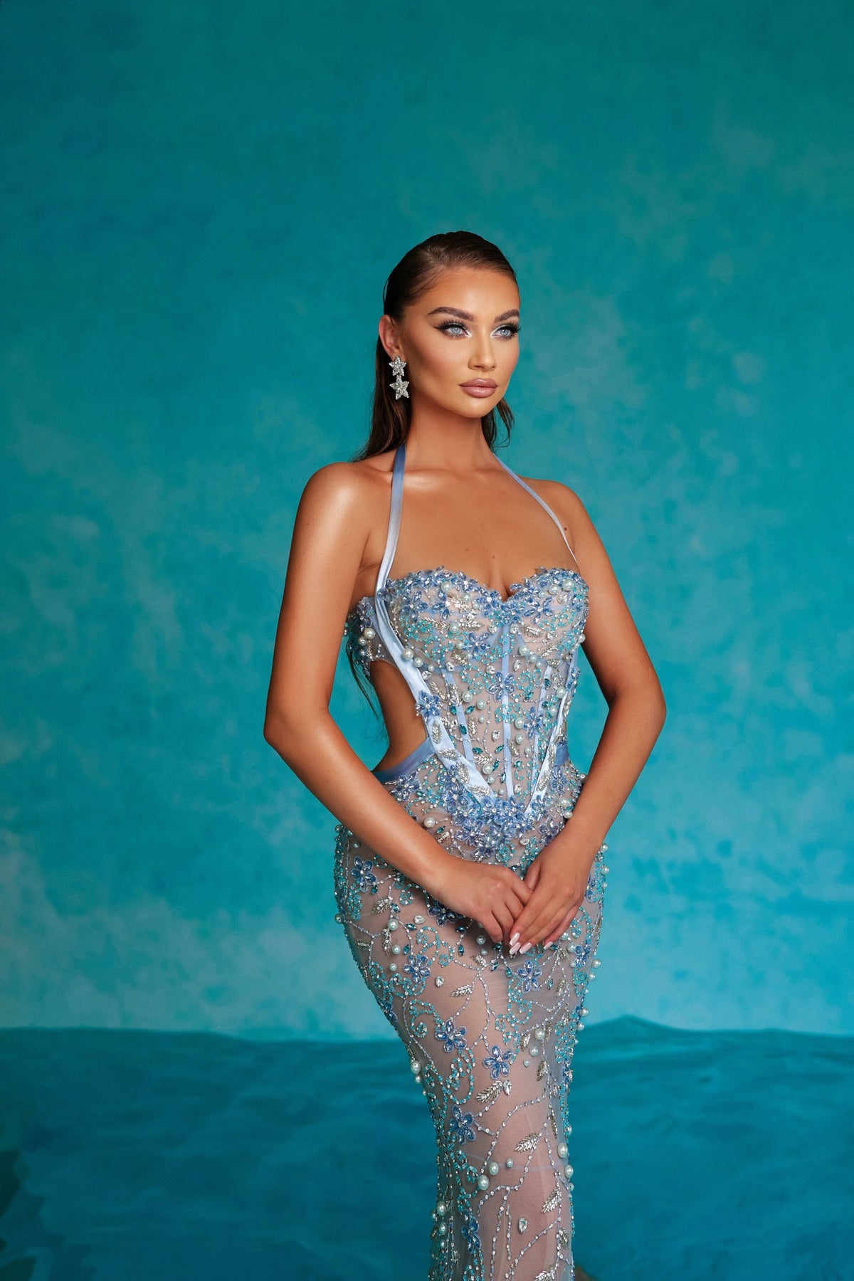 Aqua Floral Embroidered Gown detail