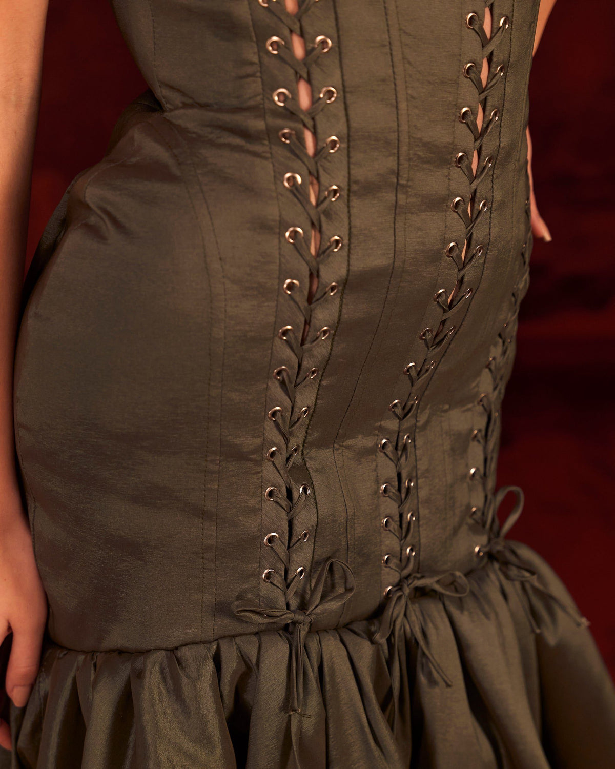 Ardenisa olive lace-up mermaid gown detail