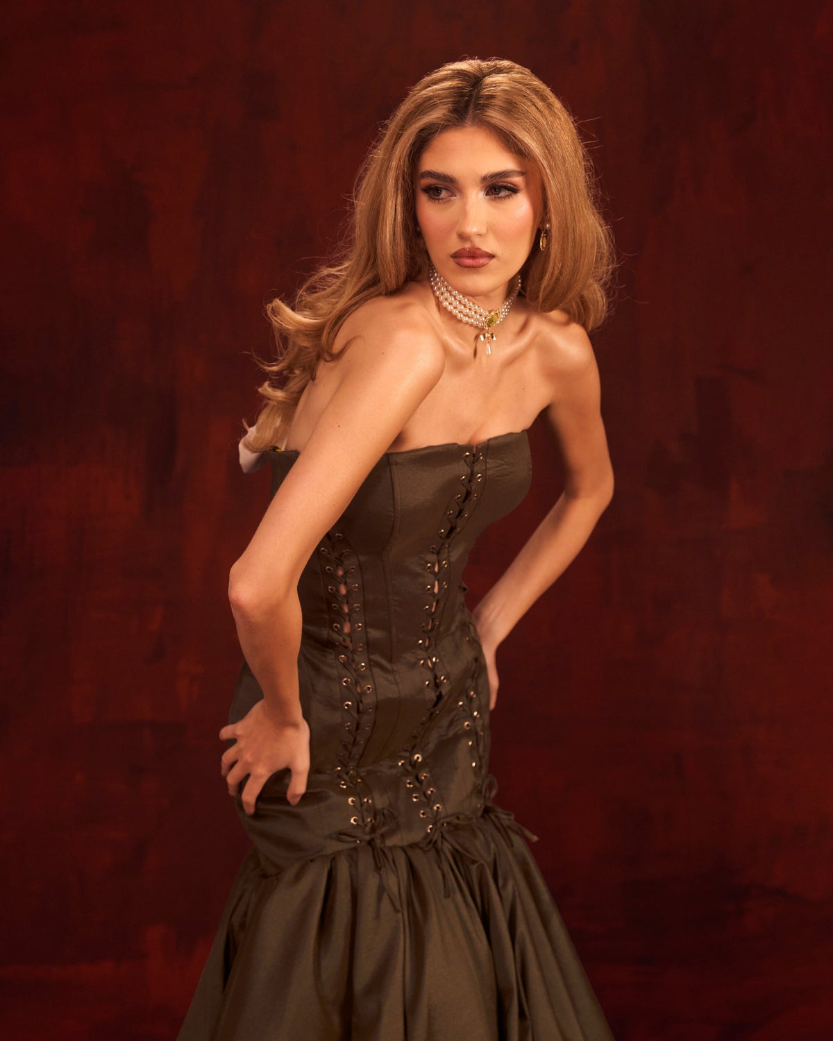 Ardenisa olive lace-up mermaid gown