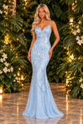Baby blue crystal mermaid gown front view - Vellure Couture