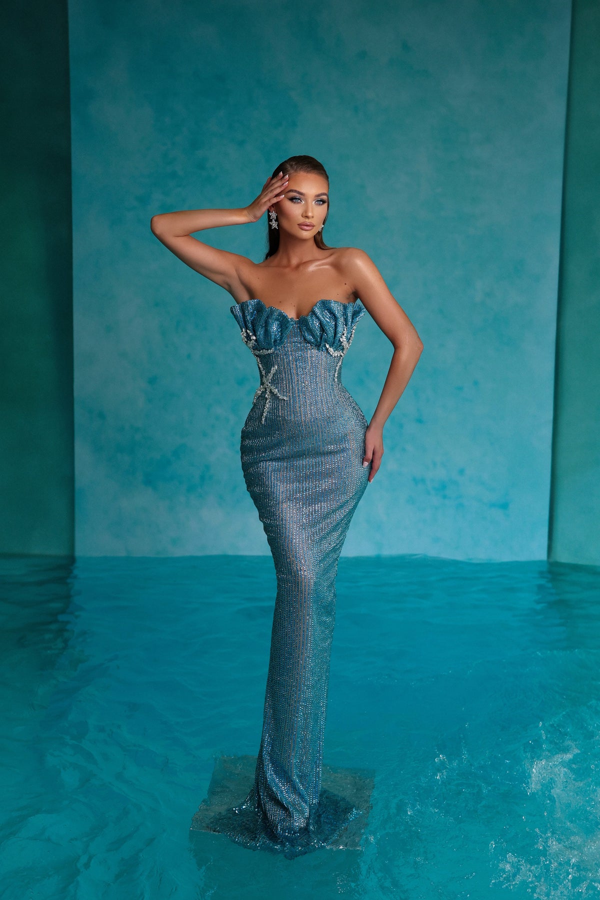Blue Rhinestone Dress with Shell Cups