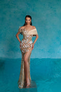 White-Beige Beaded Off Shoulder Dress with Satin Detail